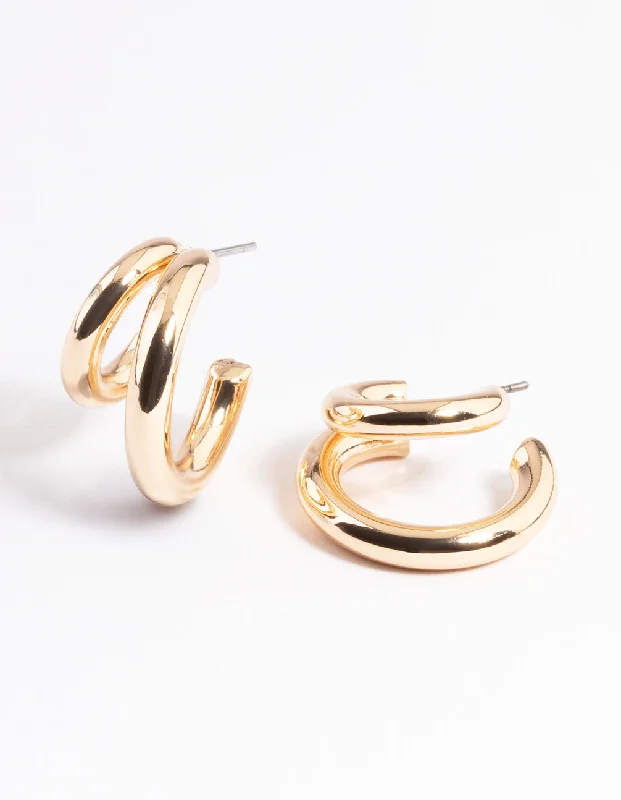 Women’s simple gold earrings-Gold Double Hoop Huggie Earrings