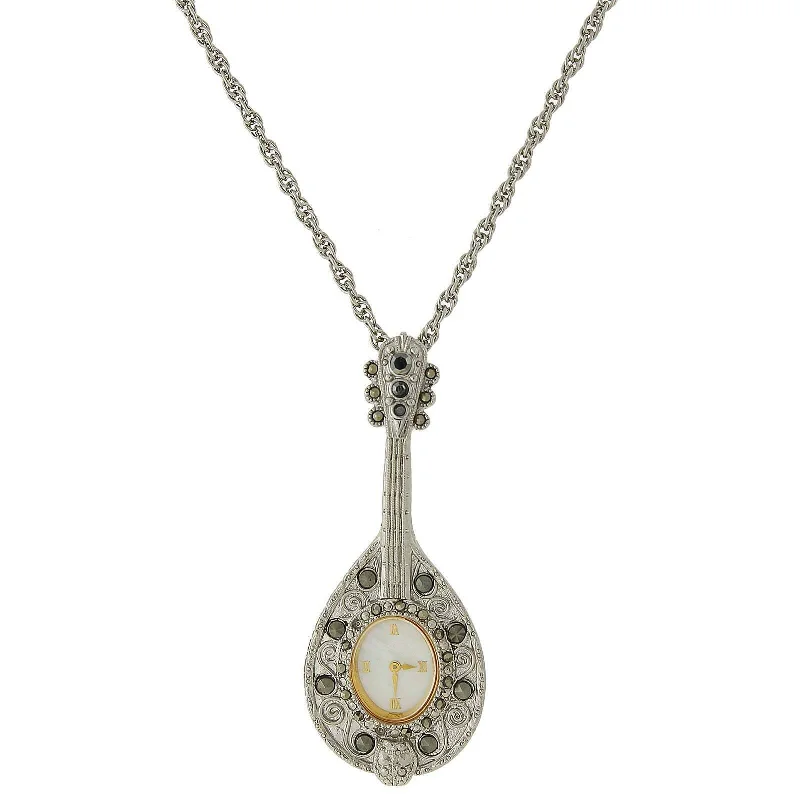 Women’s pearl necklace with diamonds-1928 Jewelry Mother Of Pearl Hematite Crystal Mandolin Watch Pendant Necklace 28"