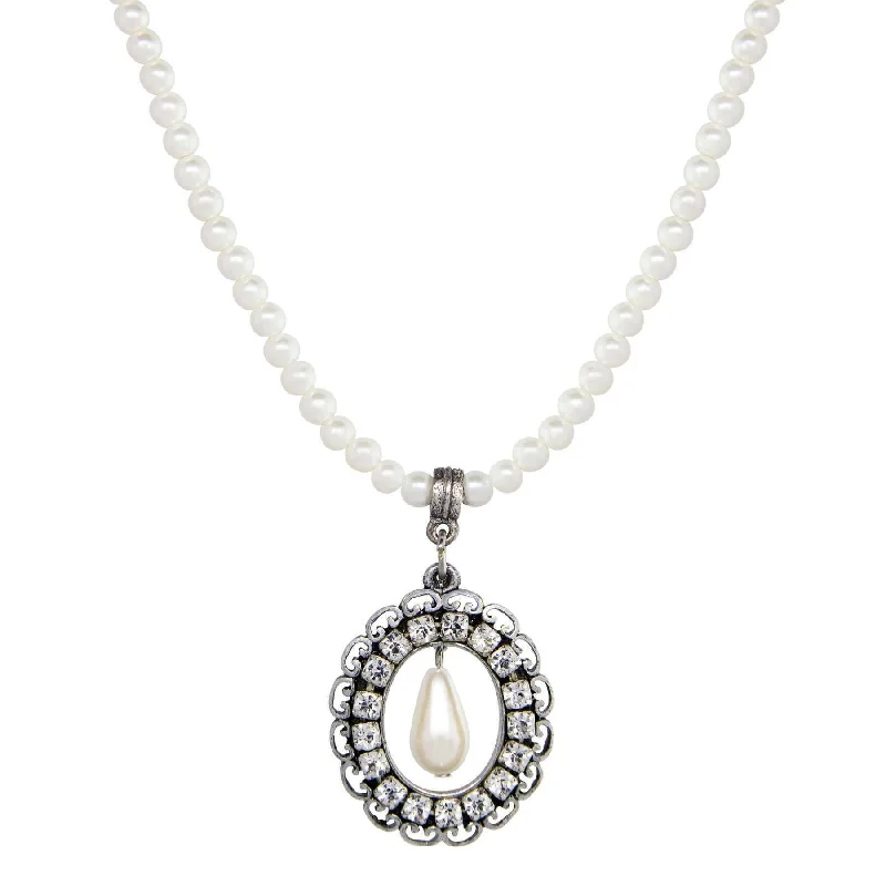 Women’s elegant choker necklace-1928 Jewelry Oval Crystal Teardrop Pendant Faux Pearl Strand Necklace 15" + 3" Extension