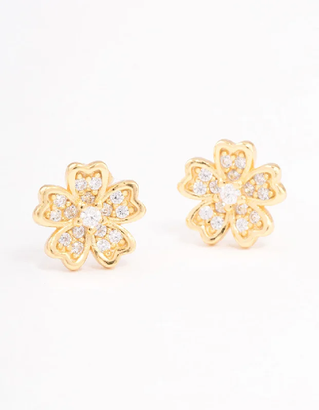 Women’s platinum earrings-Gold Plated Sterling Silver Cubic Zirconia Flower Stud Earrings