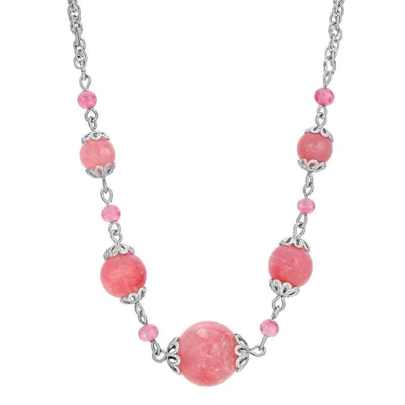 Women’s gemstone pendant necklace-1928 Jewelry Pink Coral Smooth Beaded Necklace 16" + 3" Extender