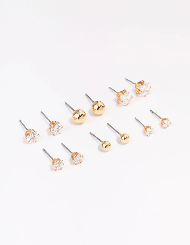 Women’s lightweight earrings-Gold Plated Cubic Zirconia & Ball Stud Earrings 6-Pack