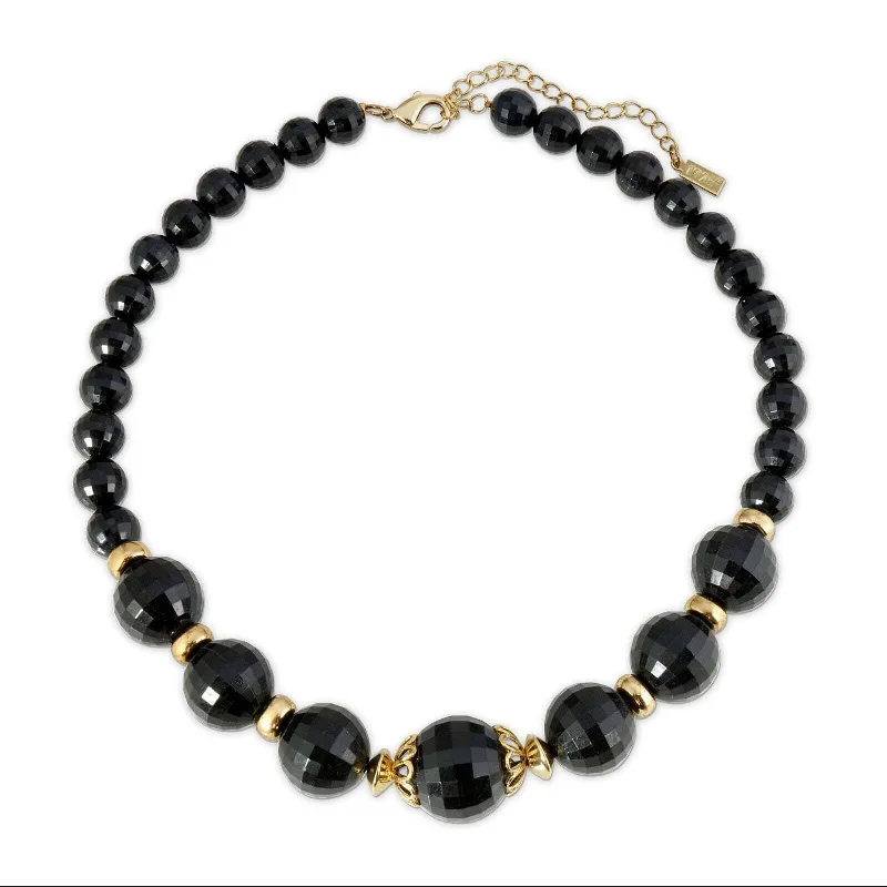 Women’s pearl necklace with diamonds-1928 Jewelry Round Black Faceted Beaded Stranded Necklace 16" + 3" Extender