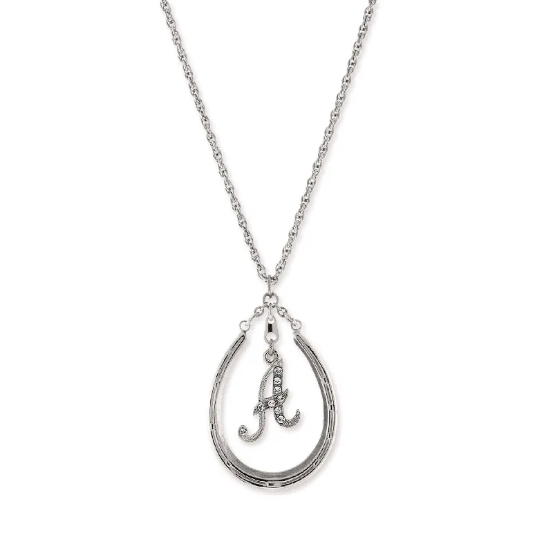 Women’s chic pendant necklace-1928 Jewelry Pewter Horseshoe Crystal Initial Necklace 16" + 3" Extender