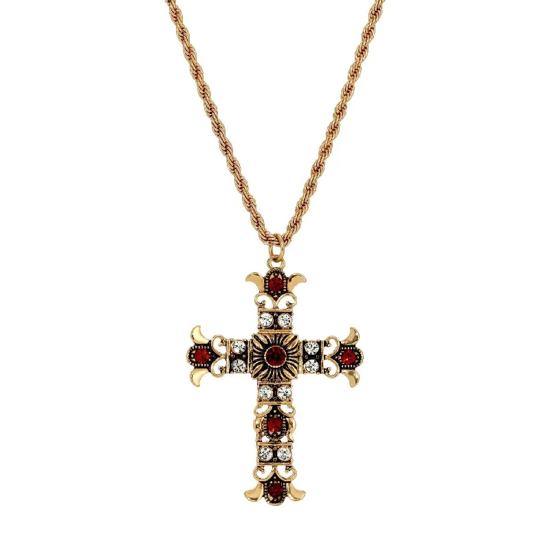 Women’s custom necklace-Symbols Of Faith Royal Clear And Red Crystal Cross Pendant Necklace 16" + 3" Extension