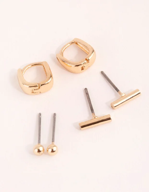 Women’s multi-colored earrings-Gold Geometric Stud & Huggie Earring Pack