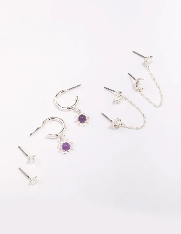 Women’s diamond drop earrings-Silver Celestial Amethyst Chain Hoop Earring 4-Pack