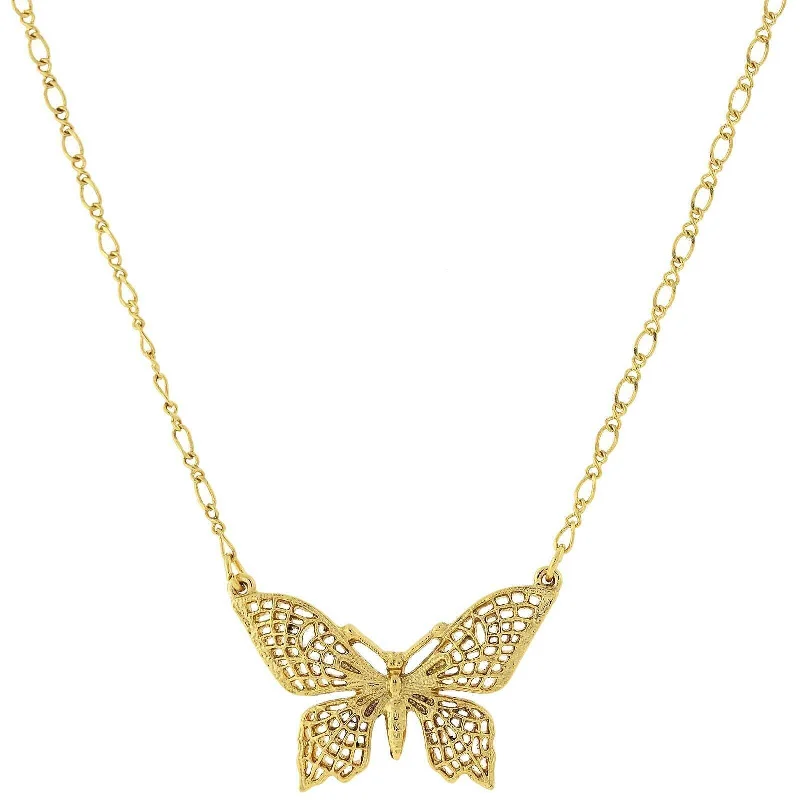 Women’s pendant necklace-1928 Jewelry Gold Filigree Butterfly Pendant Necklace 16" + 3" Extender