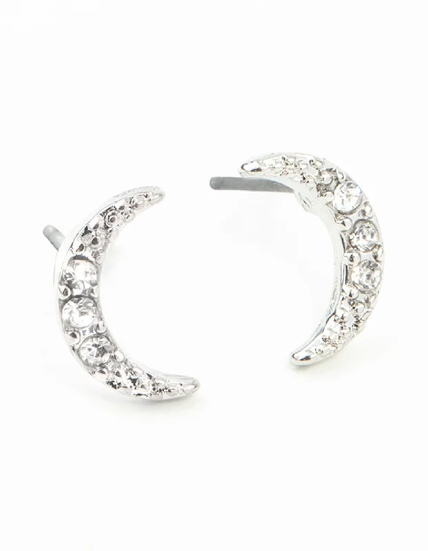 Women’s geometric earrings-Silver Diamante Cresent Stud Earrings