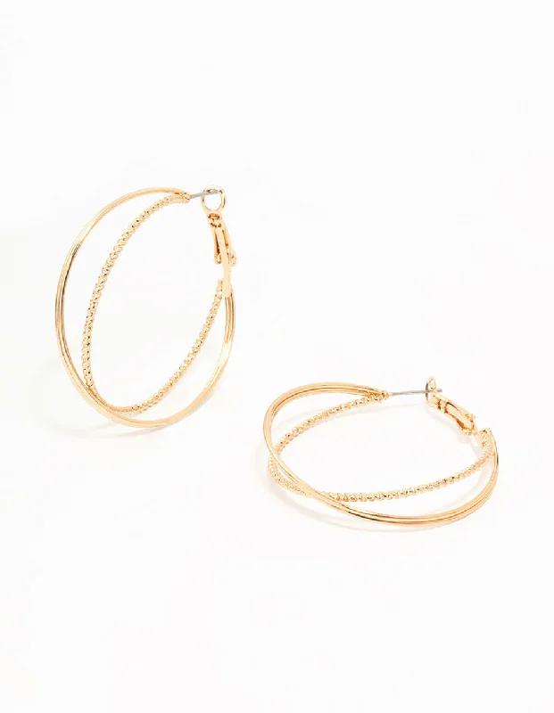 Women’s gold earrings-Gold Diamante Cut & Smooth Hoop Earrings