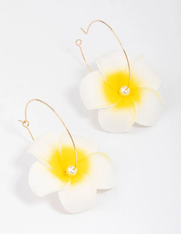 Women’s diamond chandelier earrings-White Frangipani Pearl Hoop Earrings