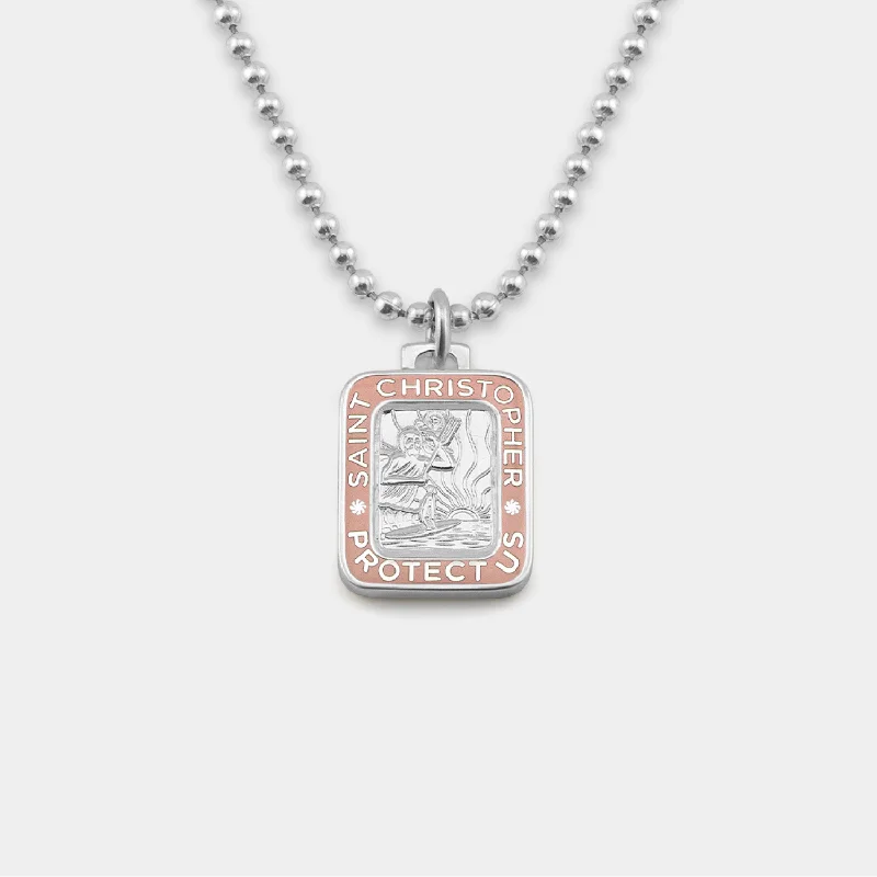 Women’s designer necklace-Rectangle St. Christopher - Silver / Pink