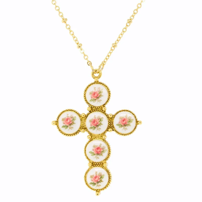 Women’s dainty necklace-1928 Jewelry Pink Flower Decal Cross Pendant Necklace 30"