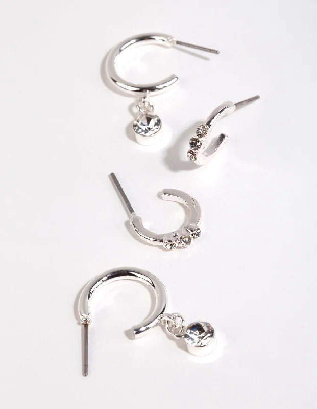 Women’s chic earrings-Silver Diamante Detail Hoop Earring Pack