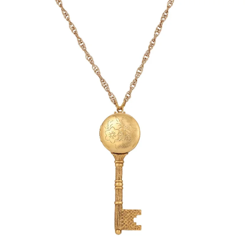 Women’s layered chain necklace-1928 Jewelry Skeleton Key Flower Pendant Photo Locket Necklace 28"