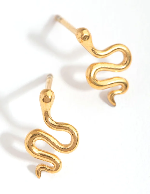 Women’s luxurious gold earrings-24 Carat Gold Plated Surgical Steel Polished Snake Stud Earrings