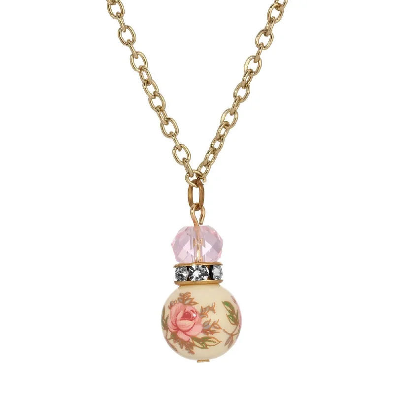 Women’s circular pendant necklace-1928 Jewelry Pink Desert Rose Floral Decal Beaded Pendant Necklace 16" + 3" Extension