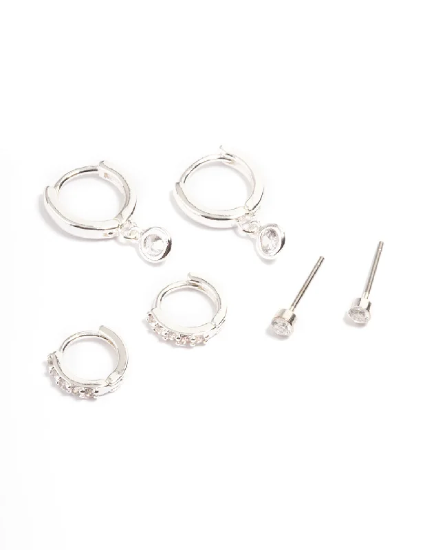 Women’s zirconia earrings-Silver Clear Stud & Huggies Pack