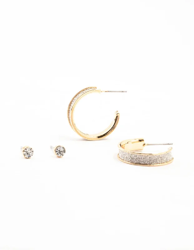 Women’s casual earrings-Gold Diamante Glitter Hoop Earrings 2-Pack