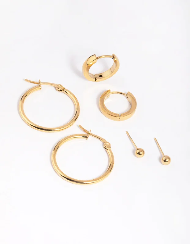 Women’s vintage drop earrings-Waterproof Gold Plated Stainless Steel Ball Stud Earring Pack