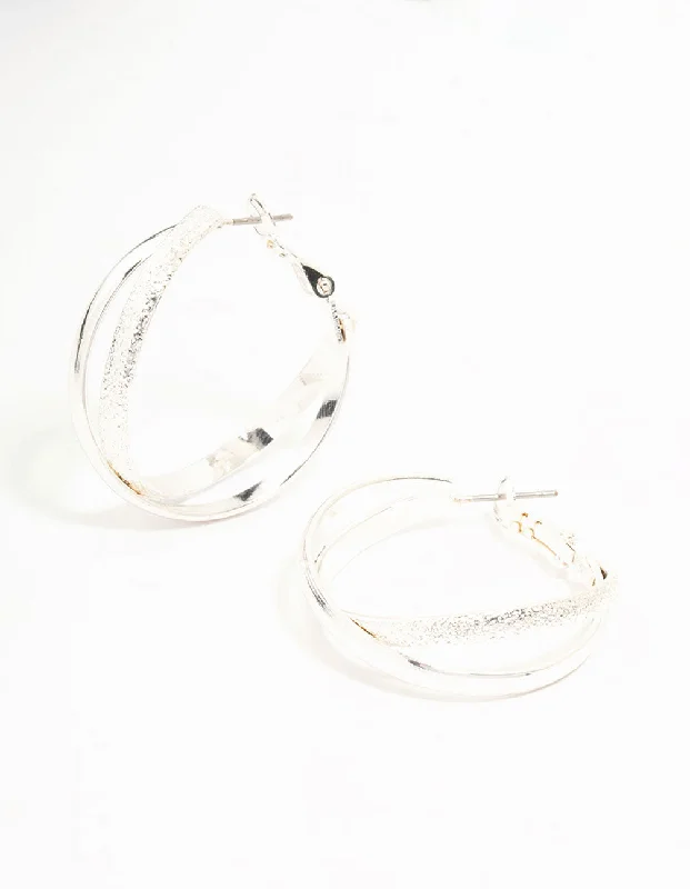 Women’s boho earrings-Silver Mixed Texture Crossover Hoop Earrings