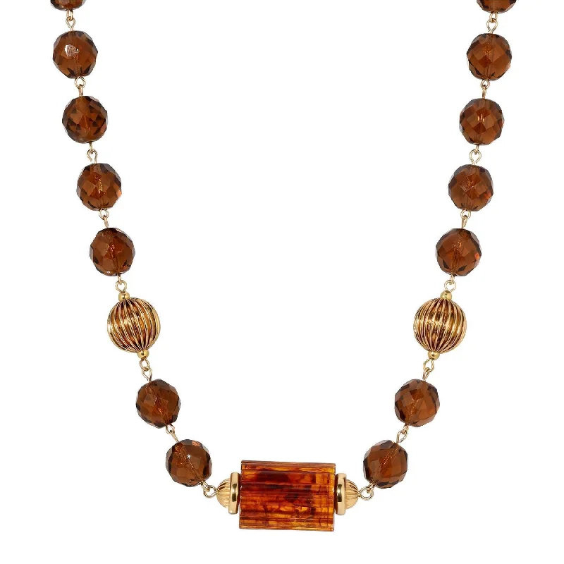 Women’s leaf necklace-1928 Jewelry Glass Smoke Topaz Corrugated Bead & Tortoise Bead Necklace 17" + 3" Extender