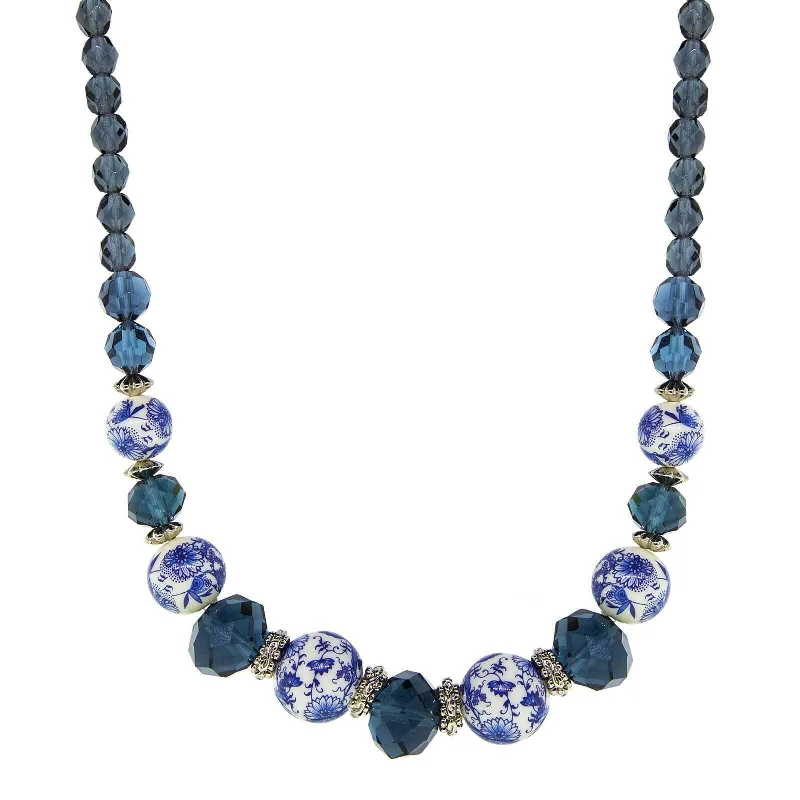 Women’s layered pearl necklace-1928 Jewelry Blue Willow Dark Blue And Beaded Necklace 15.5" + 3" Extension