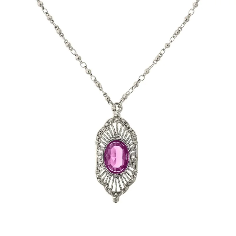 Women’s chic pendant necklace-2028 Jewelry Fuchsia Pink Stone Faux Marcasite Deco Pendant Necklace 16" + 3" Extender