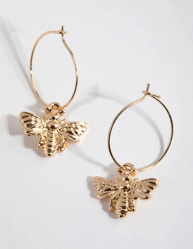 Women’s diamond hoop earrings-Gold Bee Pendant Huggie Hoop Earrings