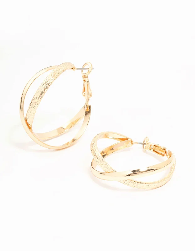 Women’s moonstone earrings-Gold Mixed Texture Crossover Hoop Earrings