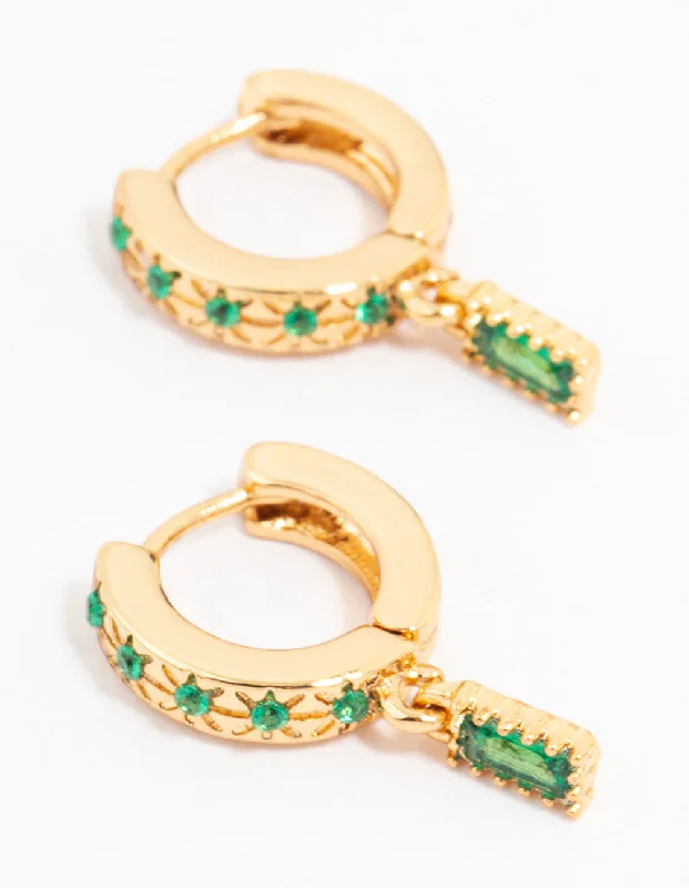 Women’s gold-plated hoop earrings-Gold Plated Emerald Baguette Celestial Huggie Earrings