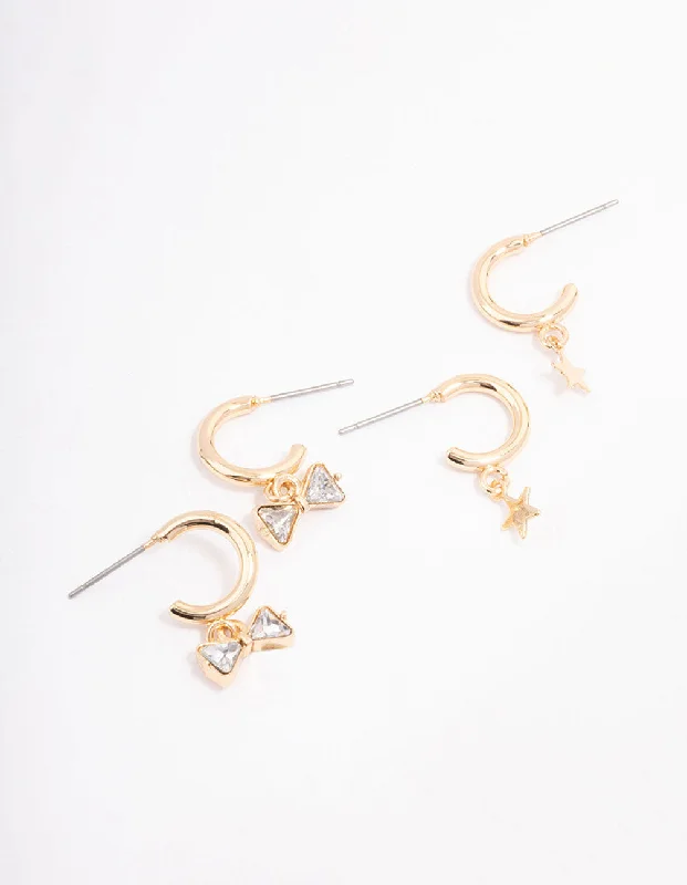 Women’s multi-colored earrings-Gold Diamante Bow & Star Hoop Earring Pack