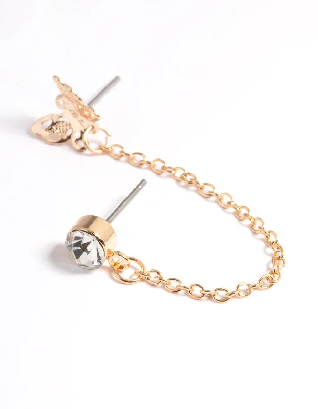 Women’s cubic zirconia earrings-Gold Diamante & Butterfly Chain Earrings