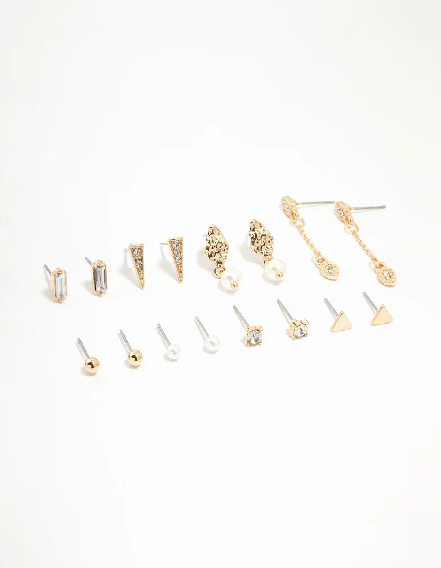 Women’s gold statement earrings-Gold Stud & Chain Earrings 8-Pack