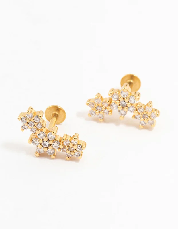 Women’s minimalist stud earrings-Gold Plated Surgical Steel Flower Trio Flat Backs 2-Pack