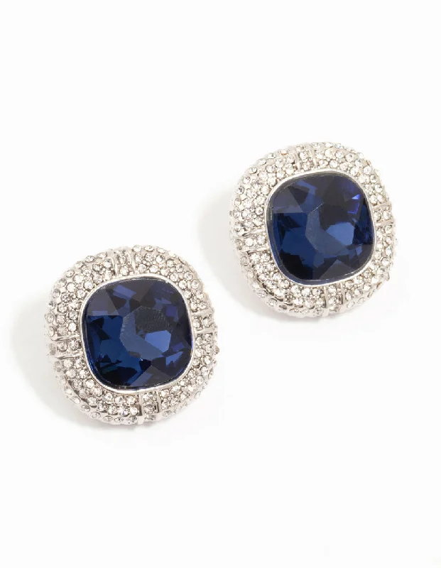 Women’s vintage earrings-Silver Large Blue Diamante Stud Earrings