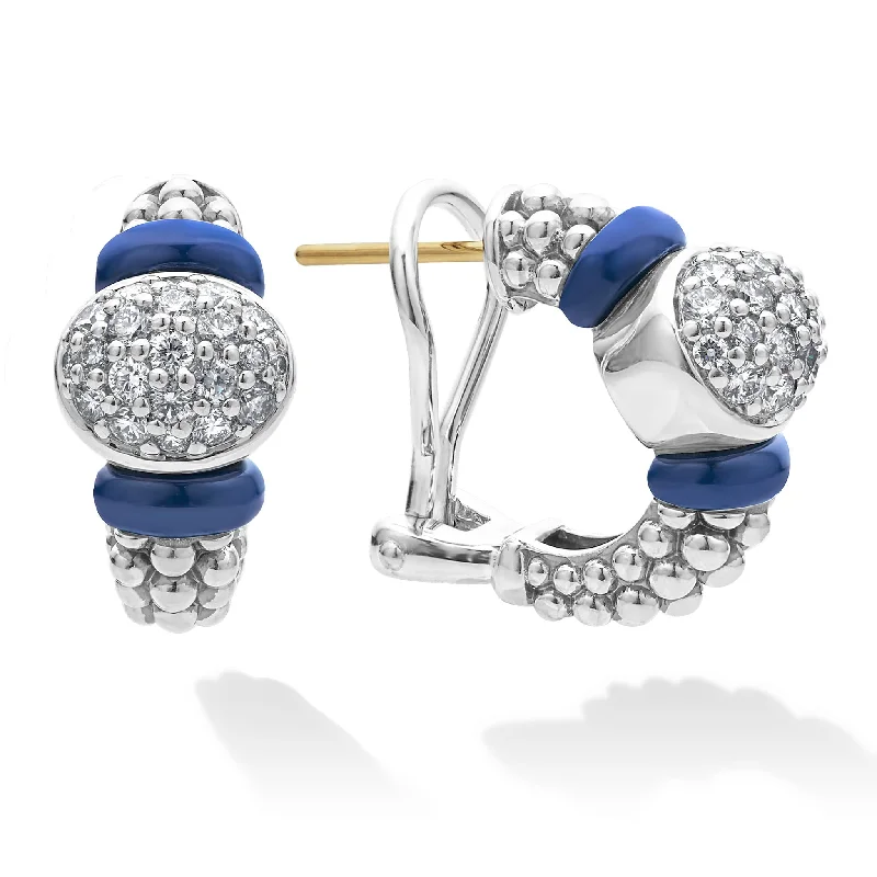 Women’s opal earrings-Blue Caviar Diamond Oval Ceramic Hoop Earrings