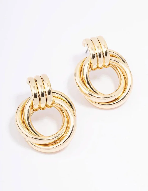 Women’s fashion drop earrings-Gold Plated Circular Drop Stud Earrings