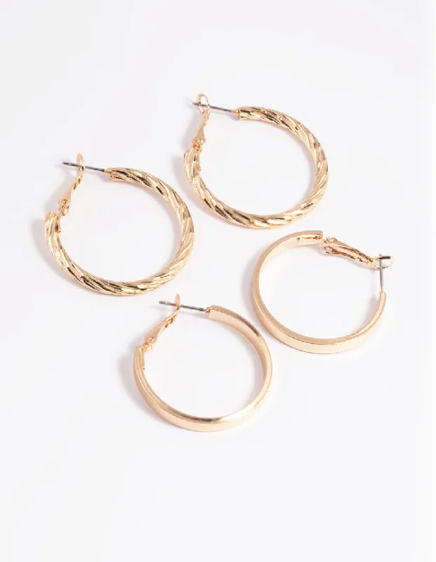 Women’s gold-plated hoop earrings-Gold Wide Textured Hoop Earring Set