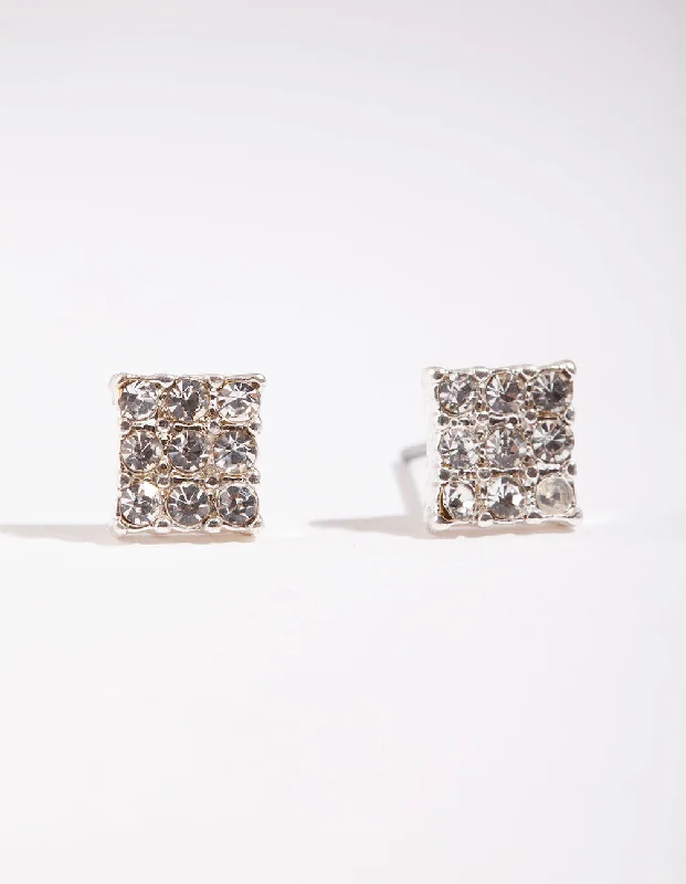 Women’s trendy earrings-Silver Pave Diamante Square Stud Earrings