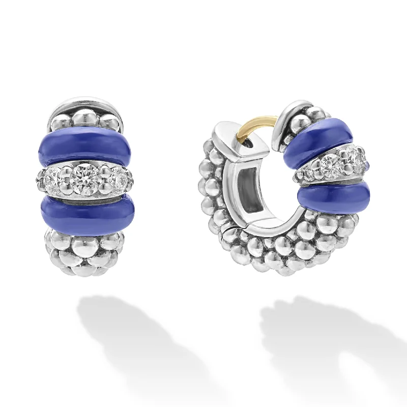 Women’s modern earrings-Blue Caviar Ceramic and Diamond Huggie Earrings