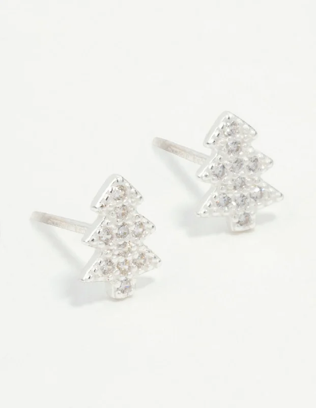 Women’s rainbow earrings-Sterling Silver Cubic Zirconia Tree Stud Earrings