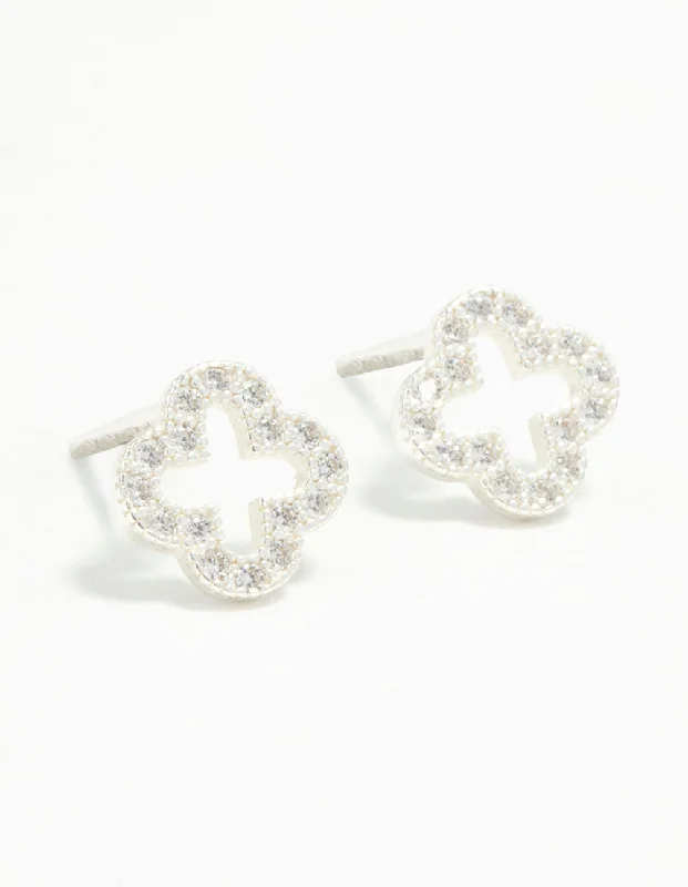 Women’s silver dangle earrings-Sterling Silver Cubic Zirconia Flower Stud Earrings