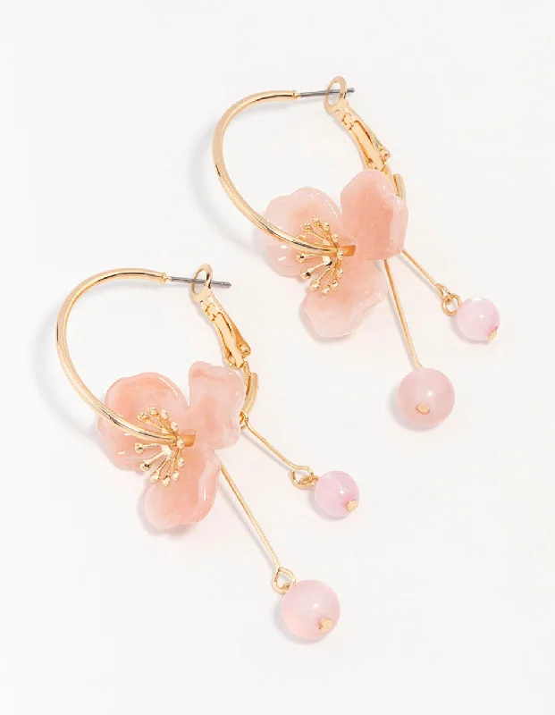 Women’s vintage gemstone earrings-Gold Peach Acrylic Flower Beaded Hoop Earrings