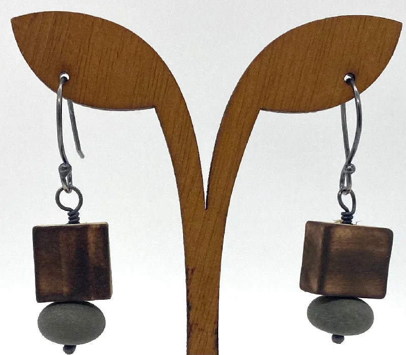 Women’s hoop earrings with diamonds-Burned Wood Square & Rock Earrings