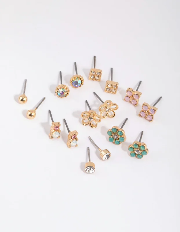 Women’s hoop earrings with gemstones-Gold Flower & Diamante Stud Earring Pack