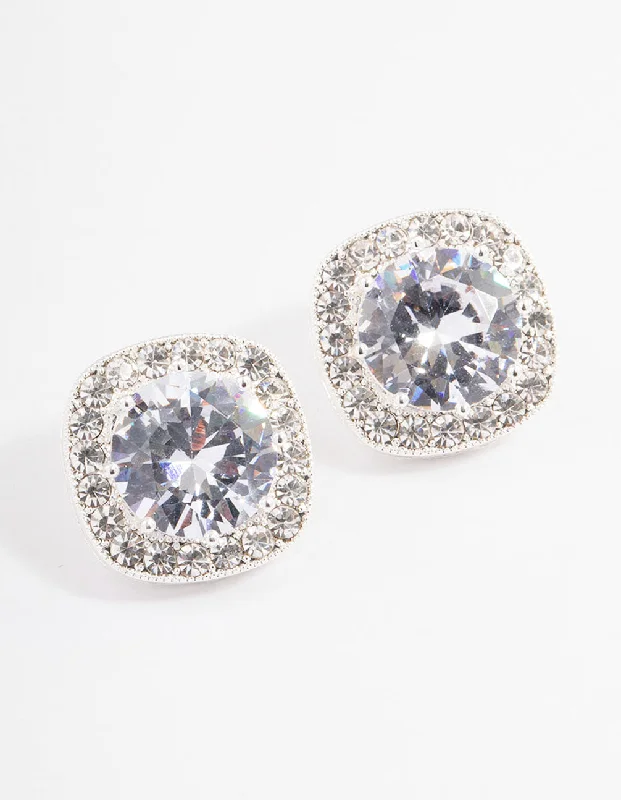 Women’s geometric earrings-Silver Plated Cubic Zirconia Cushion Halo Stud Earrings