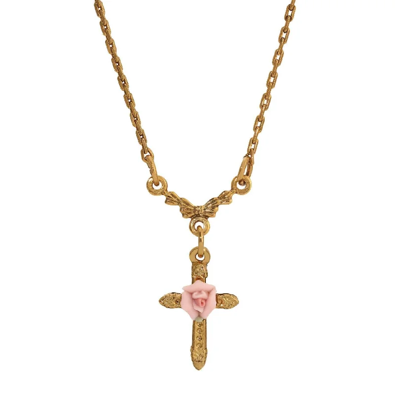 Women’s charm necklace-1928 Jewelry Pink Porcelain Rose Cross Pendant Necklace 16" + 3" Extension