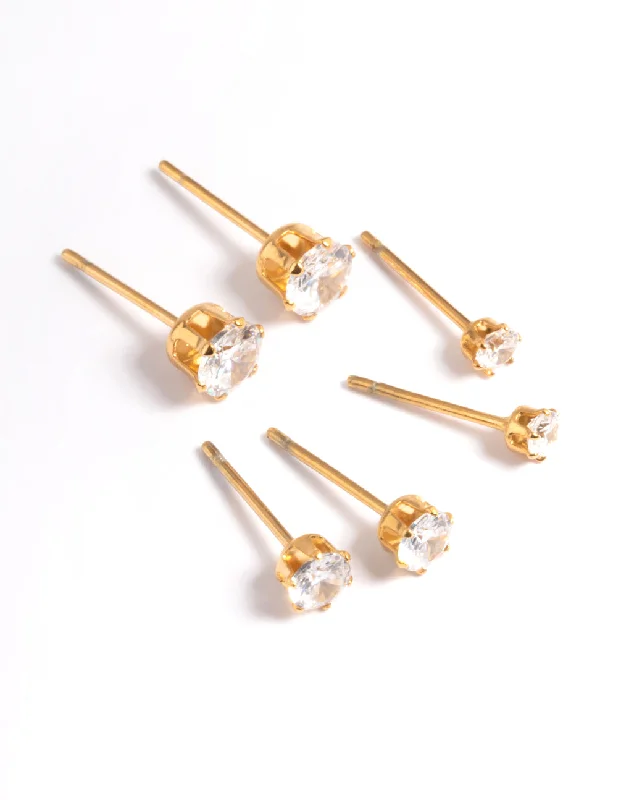 Women’s sapphire stud earrings-Waterproof Gold Plated Stainless Steel Cubic Zircconia Stud Earring Pack