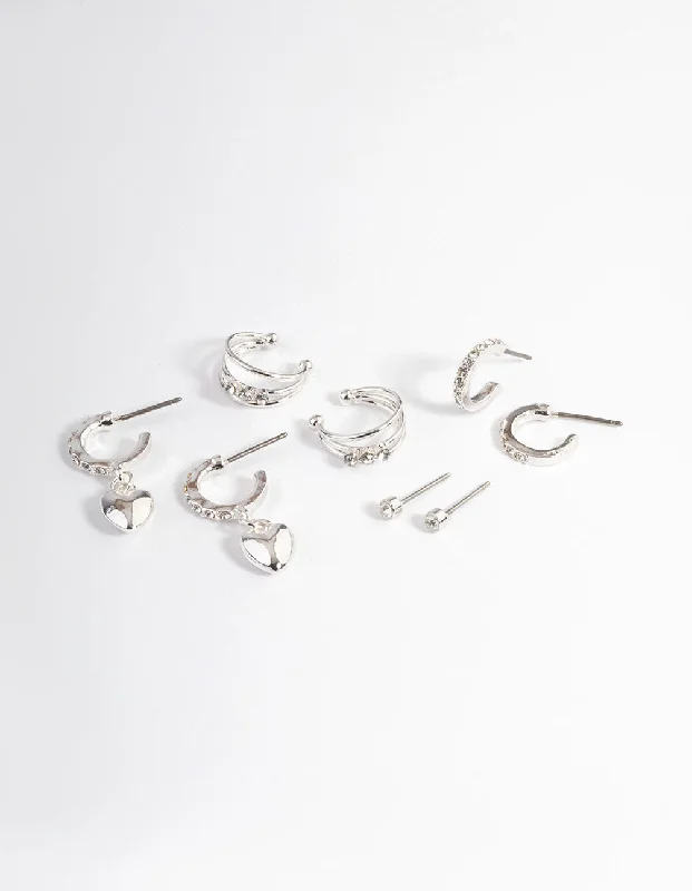 Women’s drop earrings-Silver Crystal Puffed Heart Earrings 4-Pack